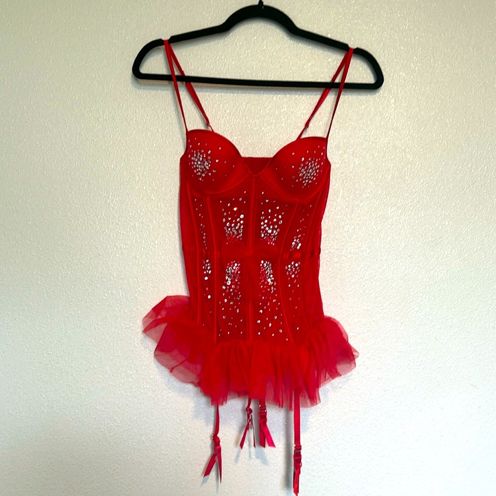 Victorias Secret Red Corset Crystal Top, 34 B